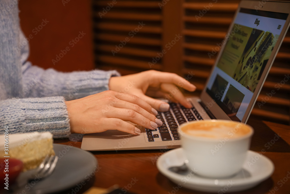 Young woman with laptop in cafe, closeup Young woman with laptop in cafe, closeup