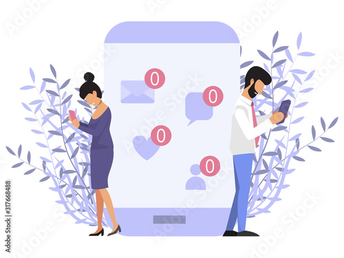 Loneliness with phone concept. People near mobile phone with no message sign. Sad man and woman holding mobile phone with no message sign