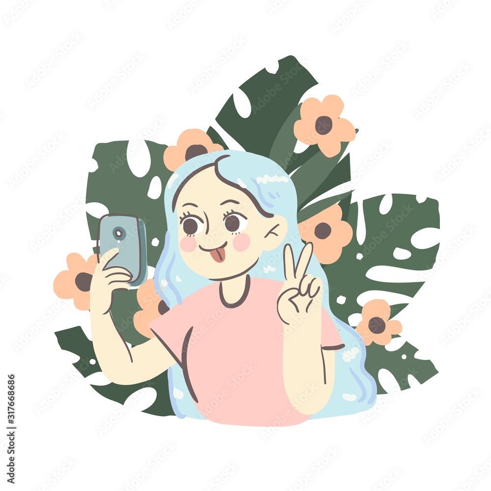Obraz premium blue hair girl taking selfie, showing v sign peace gesture, cartoon woman character with green monstera leafs