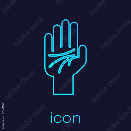 Turquoise line Palmistry of the hand icon isolated on blue background. Vector Illustration