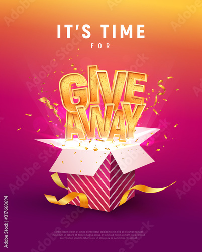 Giveaway word above open box with confetti explosion inside on colorful background illustration poster template. Give away text and giftbox isolated vector object