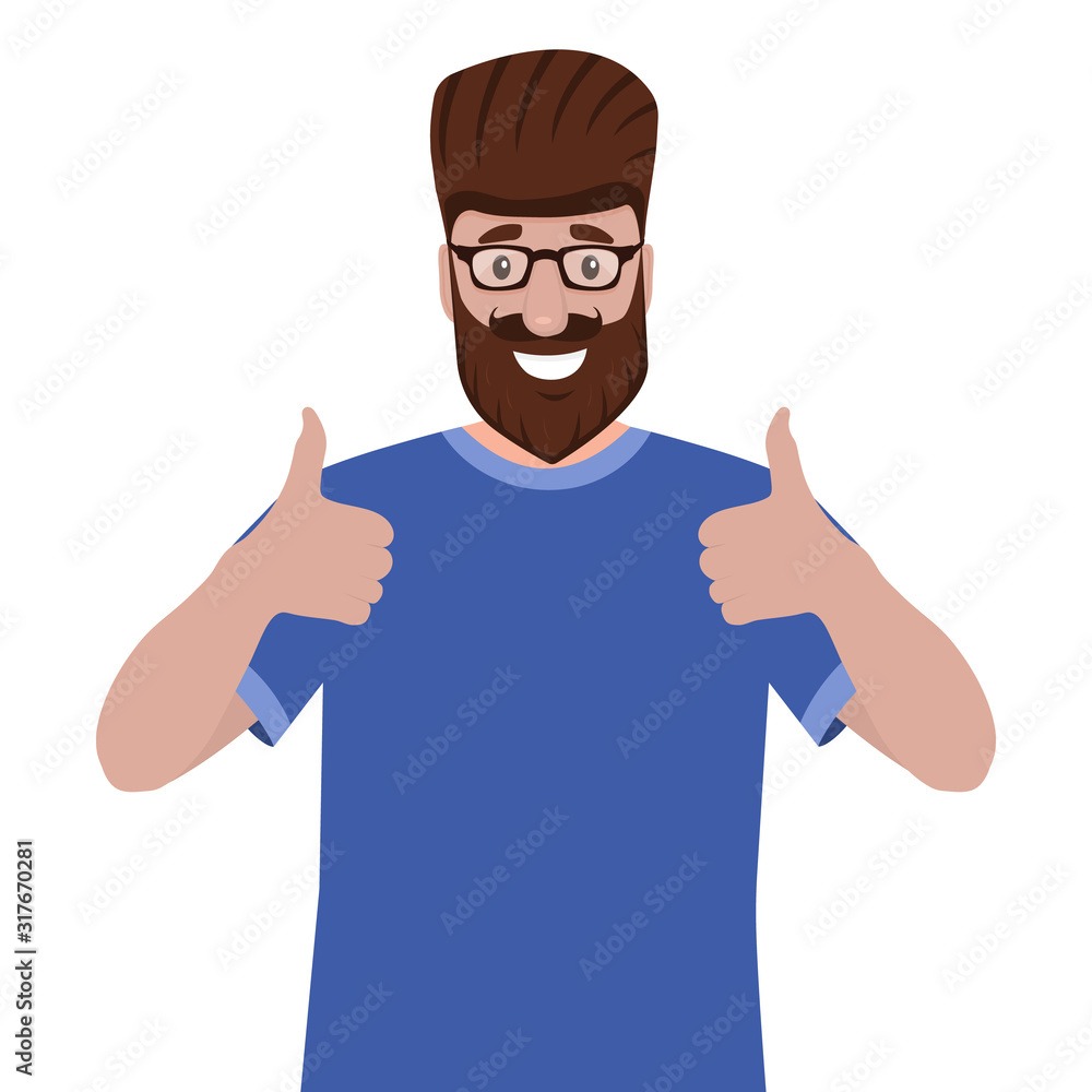 Man with a beard shows a thumb up like sign. Cartoon vector illustration, flat design