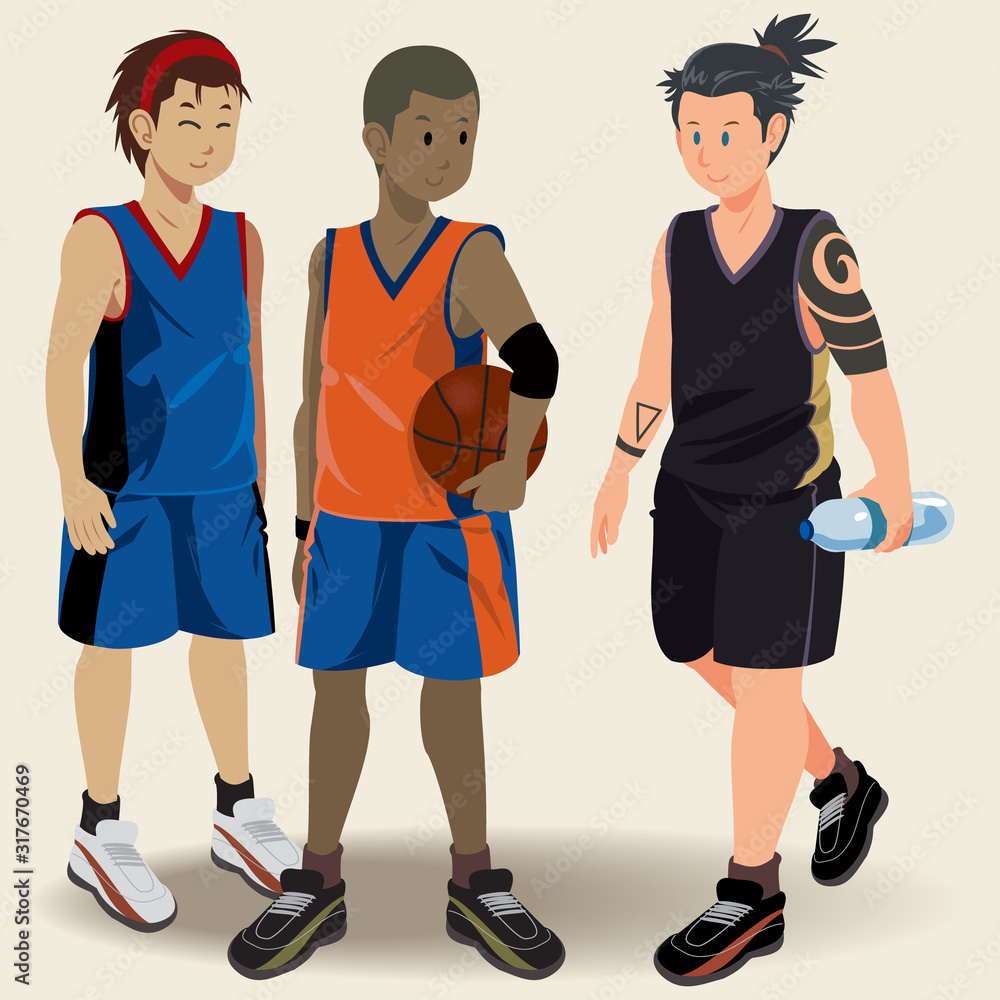 Three teenages standing while carrying ball and water in arm. Flat modern illustration. Vector of people play sport to keep healthy. Three teenages standing while carrying ball and water in arm. Flat modern illustration. Vector of people play sport to keep healthy.