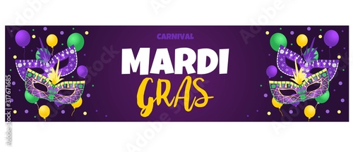 Mardi Gras carnival. Greeting card with ballons and mask. Masquerade party. Carnaval background for poster, postcard, party invitation or banner. Vector Illustration.	