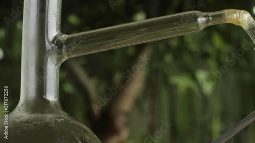 Getting essential oil from herbs and flowers in a glass flask, Distillation