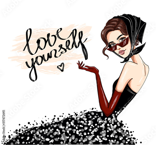 fashion woman in handkerchief and red gloves