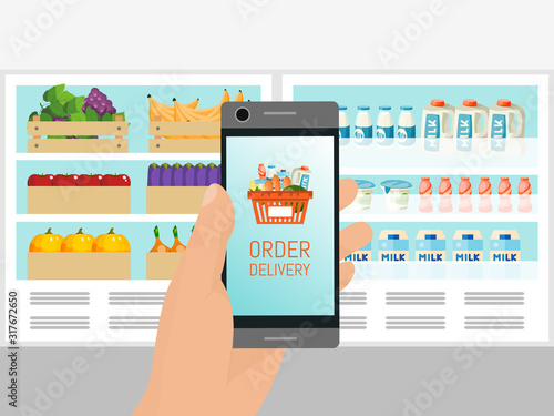Hand holding mobile phone with basket on the screen vector illustration. Supermarket grocery delivery service application. Online groceries shopping.