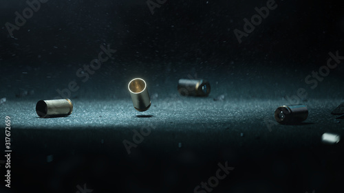 Bullet shells ground. Cases of bullets lying on the floor of asphalt - 3D Render