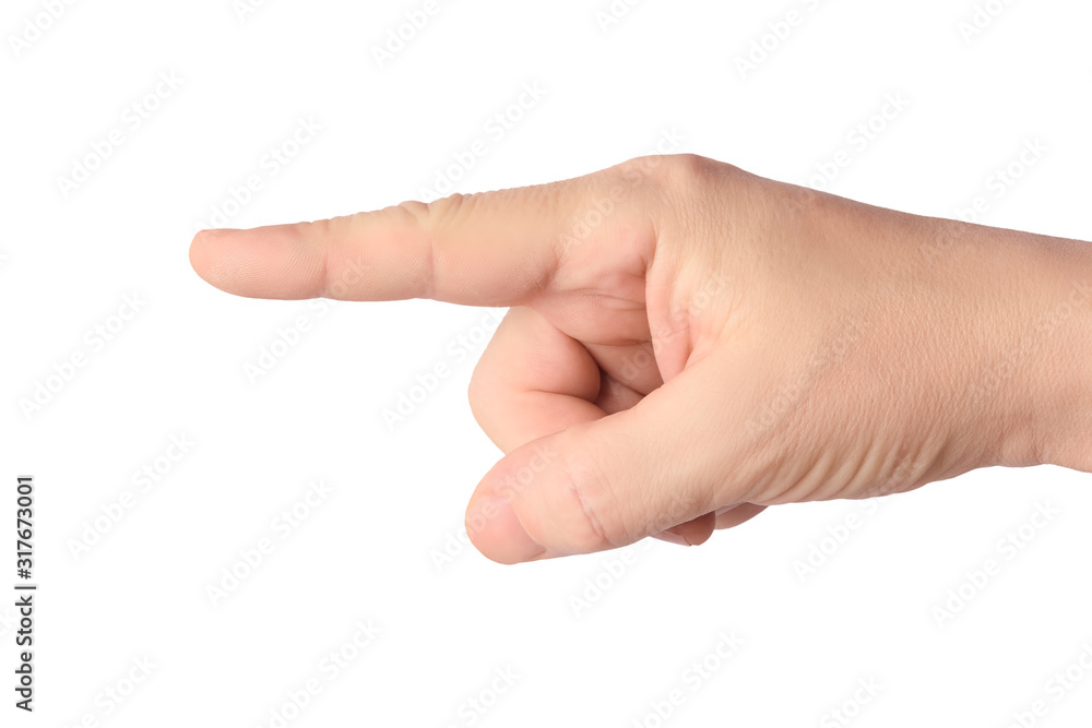 Male hand with pointing gesture isolated on white background Male hand with pointing gesture isolated on white background