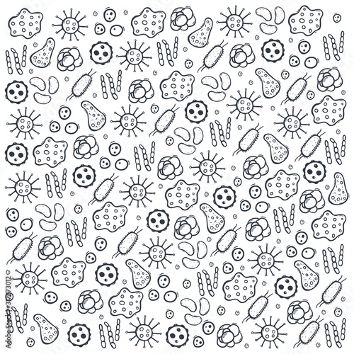 Background with virus. Vector illustration with hand draw doodle elements.