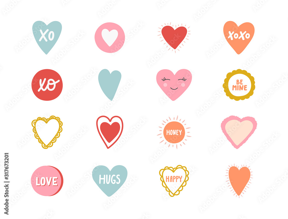 Hand drawn color heart labels, tags isolated on white background. Handmade heart icons with lettering for valentines, wedding, birthday. Romantic design elements. Vector illustration