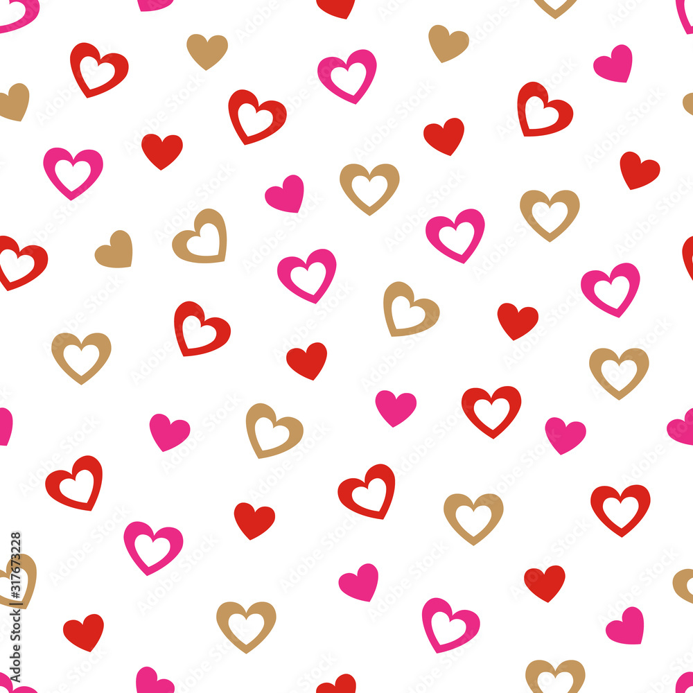 Heart wallpaper. Hand drawn hearts seamless pattern. Valentines day wrapping paper. Bright doodle heart confetti. Romantic texture with symbol of love. Vector illustration