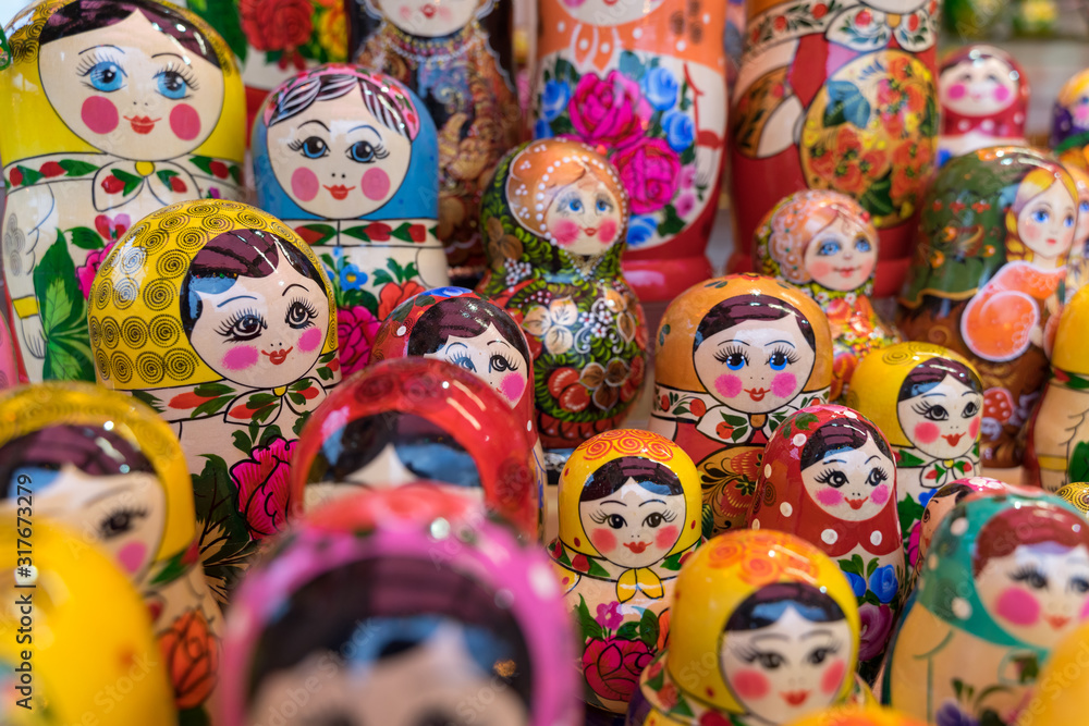 01/14/2020 Russia, Moscow, Red Square. Russian nesting dolls close-up. Russian folk art