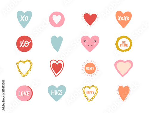 Hand drawn color heart labels, tags isolated on white background. Handmade heart icons with lettering for valentines, wedding, birthday. Romantic design elements. Vector illustration