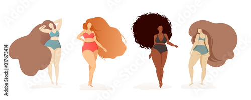 Body positive poster with 4 women of different skin and hair shades in multi-colored swimsuits. Female characters. Happy women positive concept. Plus size bodys