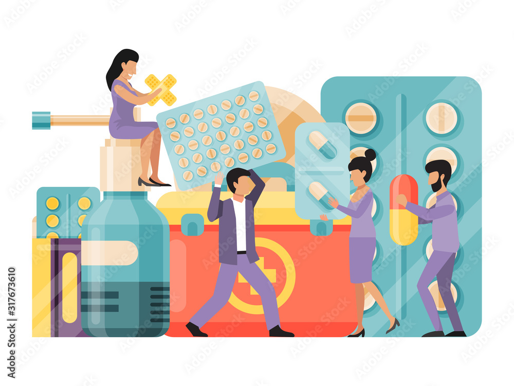 Pharmacy, medicine, drug store characters holding tablets and pills on background of medicines vector illustration Pharmacy, medicine, drug store characters holding tablets and pills on background of medicines vector illustration