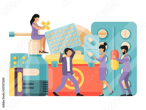 Pharmacy, medicine, drug store characters holding tablets and pills on background of medicines vector illustration