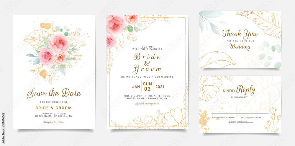 Elegant wedding invitation template design of peach rose flowers and gold leaves. Botanic illustration for save the date, event, cover, poster. Set of cards with floral decoration vector