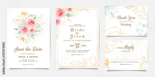 Elegant wedding invitation template design of peach rose flowers and gold leaves. Botanic illustration for save the date, event, cover, poster. Set of cards with floral decoration vector