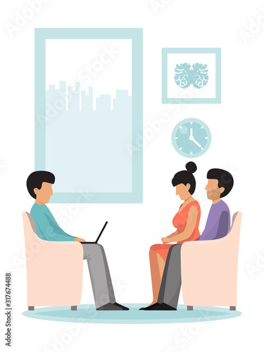 Psychologist psychotherapy session with family vector illustration. Professional psychotherapist having session. Family talking about marriage problems.