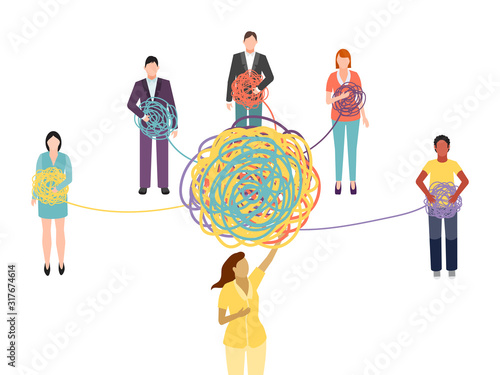 Group psychotherapy support vector illustration. Group psychotherapist doctor psychologist helps to solve the tangle of problems
