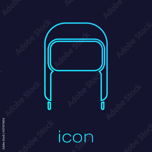 Turquoise line Winter hat with ear flaps icon isolated on blue background. Vector Illustration