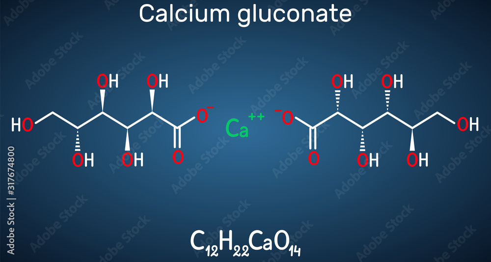 Calcium gluconate C12H22CaO14 molecule, is used as mineral supplement for the treatment osteoporosis, rickets, hypocalcemia. Structural chemical formula on the dark blue background Calcium gluconate C12H22CaO14 molecule, is used as mineral supplement for the treatment osteoporosis, rickets, hypocalcemia. Structural chemical formula on the dark blue background
