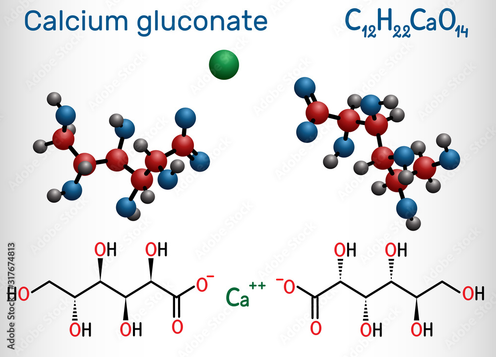 Calcium gluconate C12H22CaO14 molecule, is used as mineral supplement for the treatment