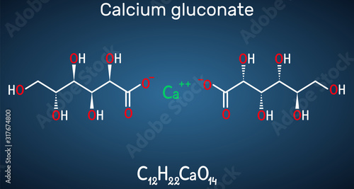 Calcium gluconate C12H22CaO14 molecule, is used as mineral supplement for the treatment osteoporosis, rickets, hypocalcemia. Structural chemical formula on the dark blue background