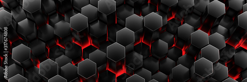 Black wall of honeycombs. Chaotic Cubes Wall Background. Panorama with high r...
