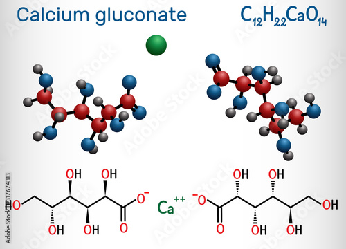Calcium gluconate C12H22CaO14 molecule, is used as mineral supplement for the treatment osteoporosis, rickets, hypocalcemia. Structural chemical formula and molecule model