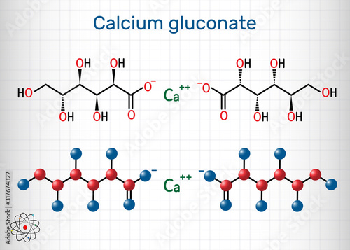 Calcium gluconate C12H22CaO14 molecule, is used as mineral supplement for the treatment osteoporosis, rickets, hypocalcemia. Structural chemical formula and molecule model. Sheet of paper in a cage