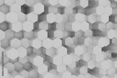 White wall of honeycombs. Chaotic Cubes Wall Background. Panorama with high resolution wallpaper. 3d Render Illustration