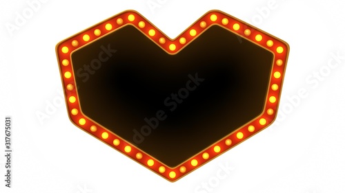 Heart marquee light board sign retro on white background. 3d rendering