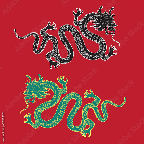 Illustration of Traditional chinese Dragon on a red isolated background ,vector illustration © Евгений Сергеев
