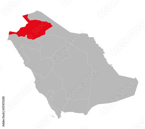 Al jawf province highlighted on saudi arabia map. Gray background. Business concepts. Gulf country. photo