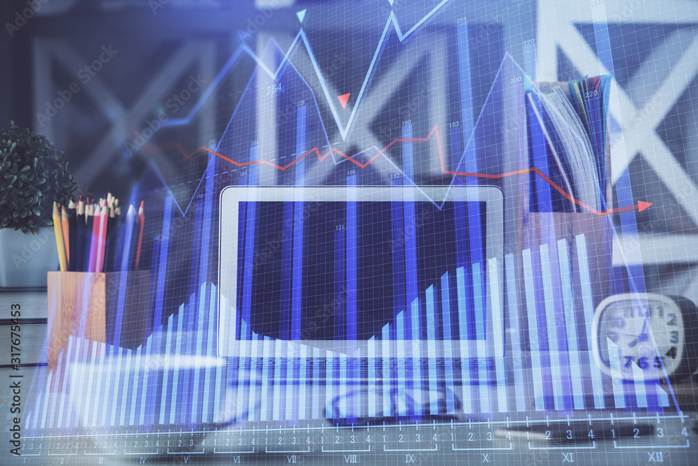 Double exposure of forex chart and work space with computer. Concept of international online trading. Double exposure of forex chart and work space with computer. Concept of international online trading.