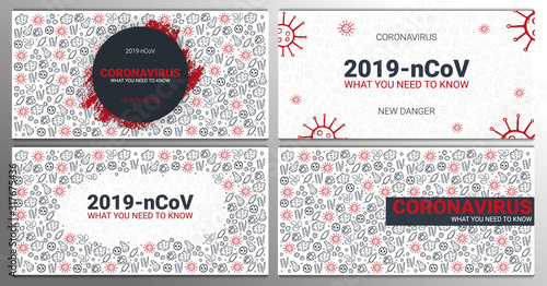 Set of Coronavirus 2019 nCoV banners. What you need to know. Vector illustration with hand draw doodle background.