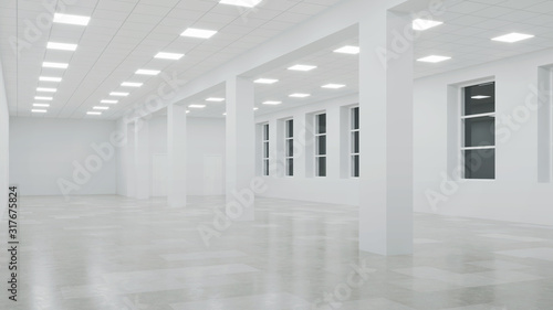 Interior of an empty commercial building with white walls. Office space. Night. Evening lighting. 3D rendering.