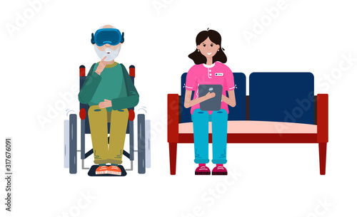 Virtual Reality Session by Therapist with Elderly Patient with Disabilities
