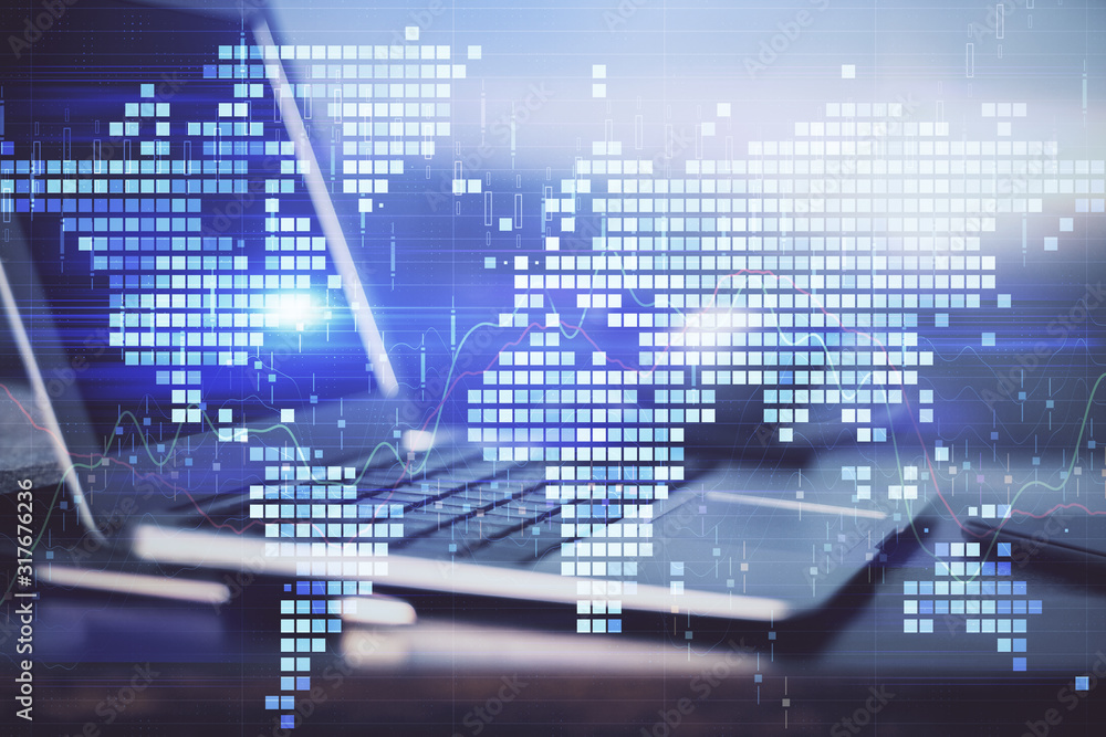 Multi exposure of business theme icons and work space with computer background. Concept of success. Multi exposure of business theme icons and work space with computer background. Concept of success.