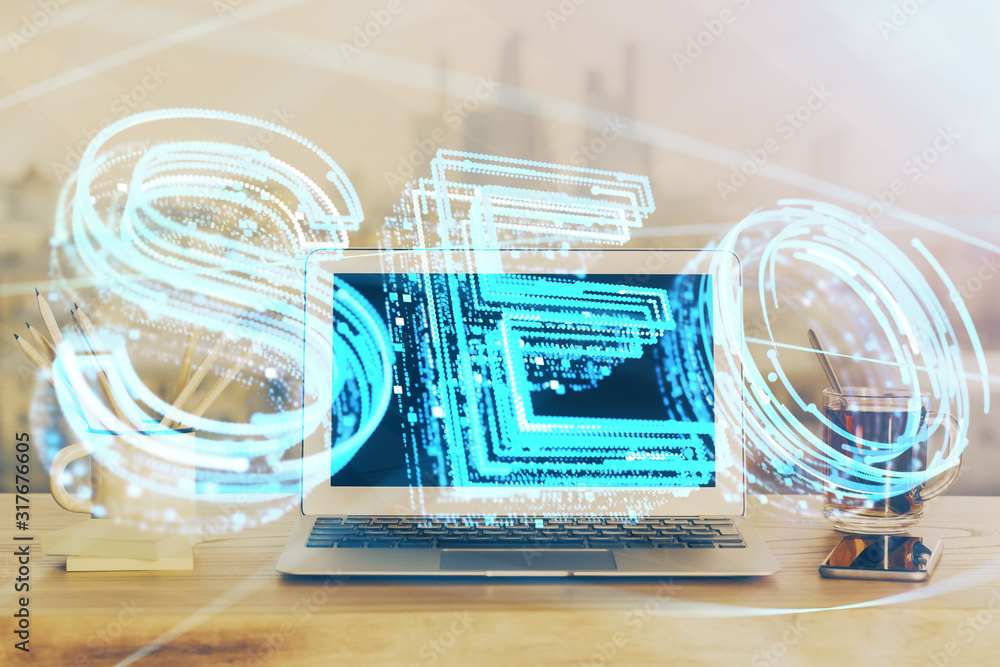 Multi exposure of table with computer and seo drawing hologram. Search optimization concept. Multi exposure of table with computer and seo drawing hologram. Search optimization concept.