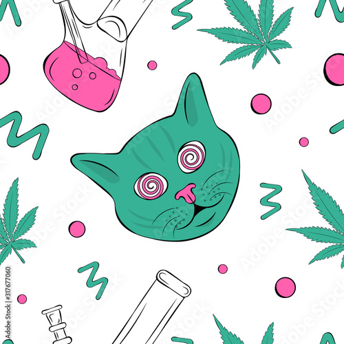 Vector pattern with cannabis and cat