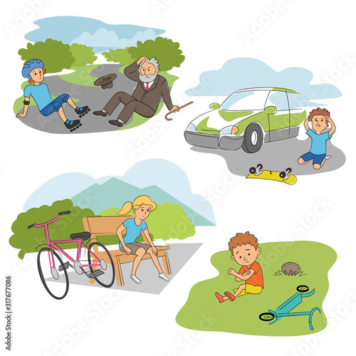 Accident with kids on road people scenes flat set