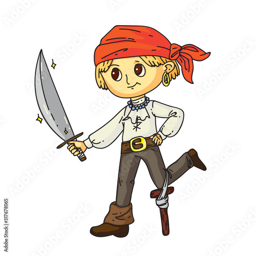 Little boy pirate with sward in hand on white