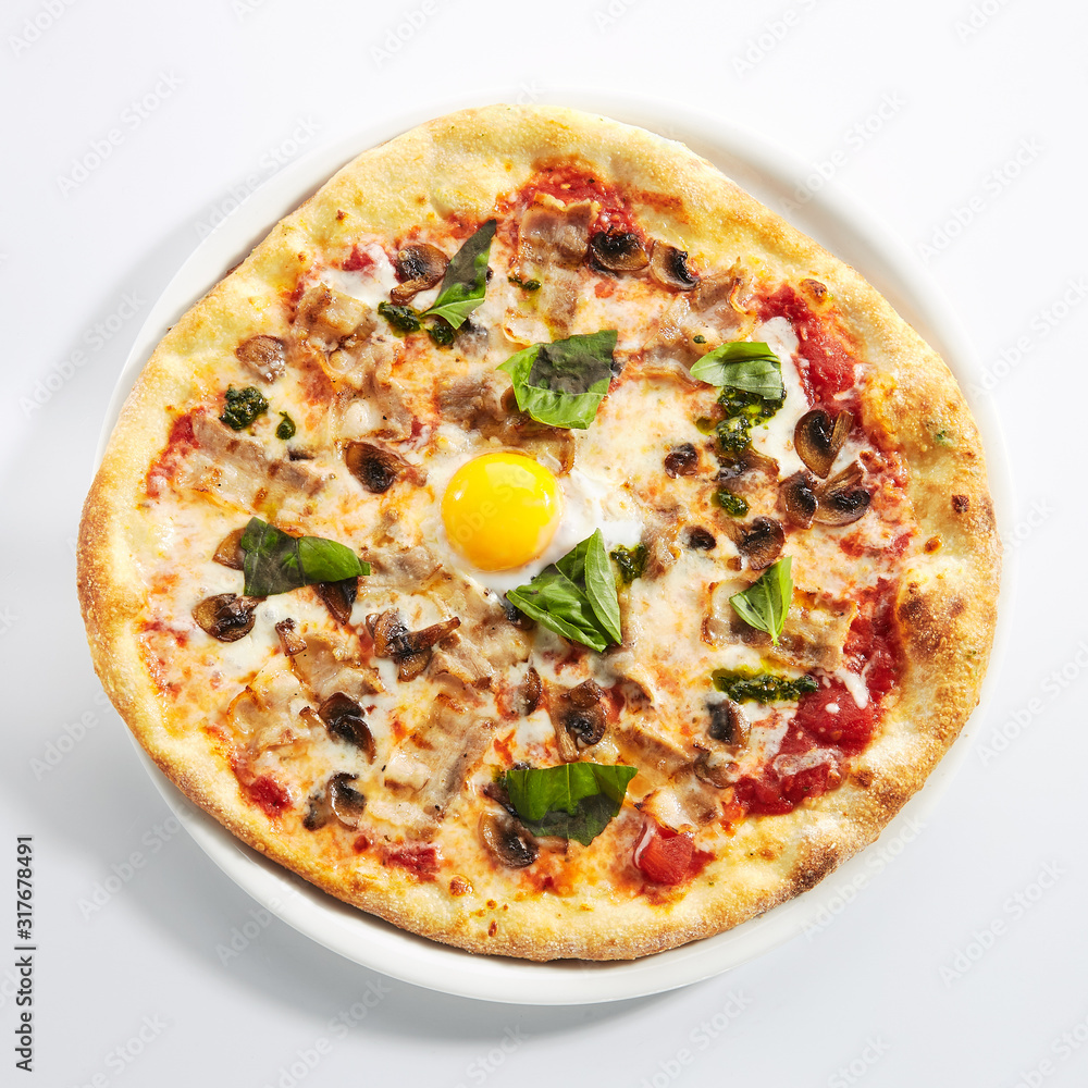 Pizza with Mushrooms, Bacon and Egg in Restaurant Plate Isolated