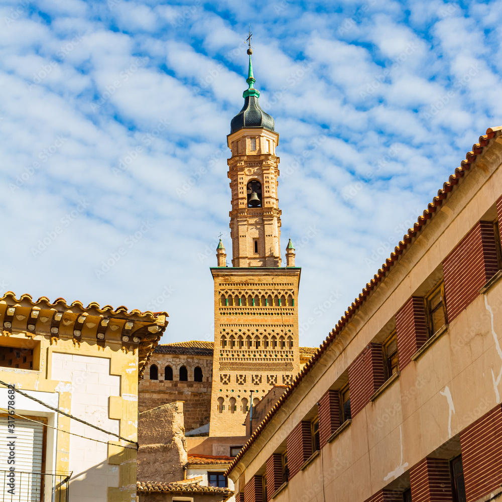 Bell tower of the church of Sta Maria, with its lower part in the Múdejar style and the upper part in the Baroque style, Ateca, Aragon, Spain