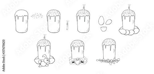 Easter cake in black and white with eggs and tulips and pussy willow with hare. Easter cake with candle on it.  Easter sweet bread in black and white vector for coloring book and greeting design