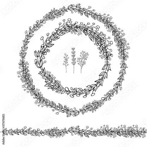 sketch of round floral garland with elderberry branch and lavender branch. Floral elements for designing cards and invitations.