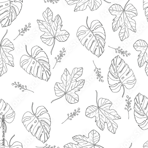 tropical leaves seamless pattern on white background. Monstera leaf vector and fig leaf with elderberry branch